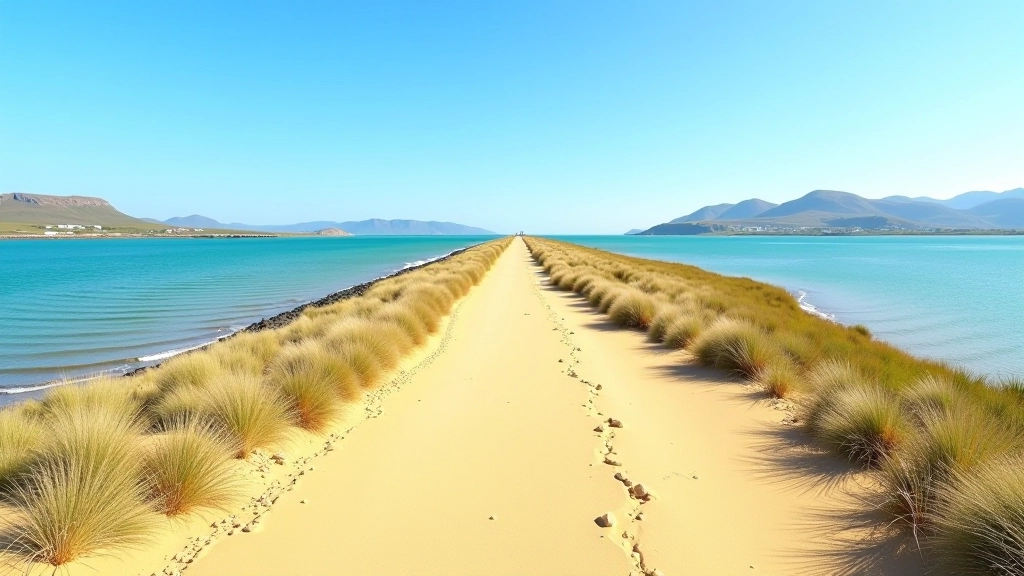 Scenic coastal path along Omey Island with tidal waters and Connemara mountains in background