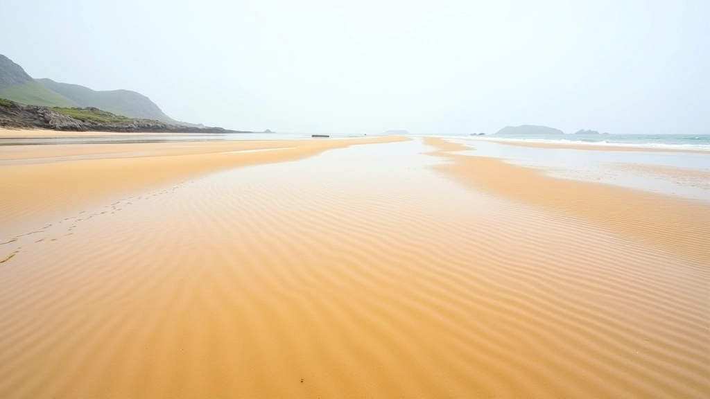 Golden sand causeway stretching toward Omey Island at low tide