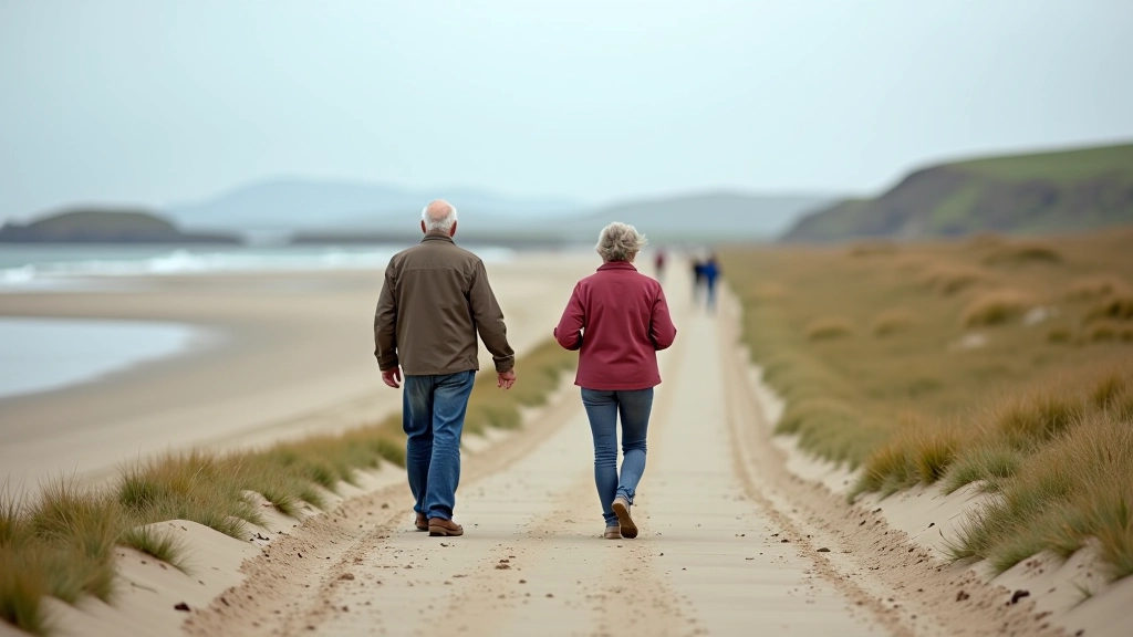 Retirees enjoying a peaceful walk on Omey Island's sandy causeway path