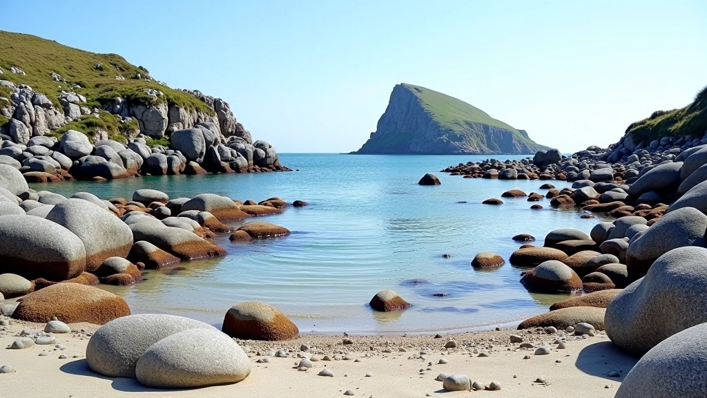 Calm rocky beach cove with clear water at high tide, safe resting spot among rocks