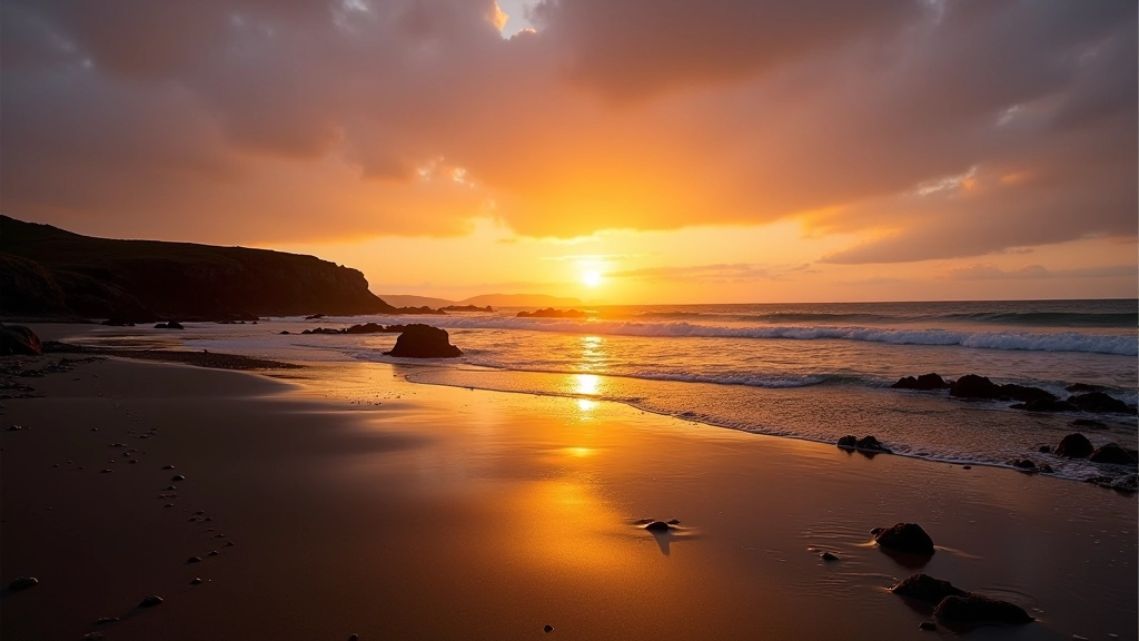 Stunning tidal causeway at Omey Island with golden sunset light