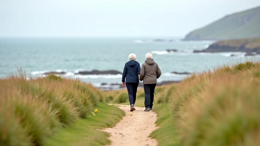 Group of active retirees walking together along coastal path