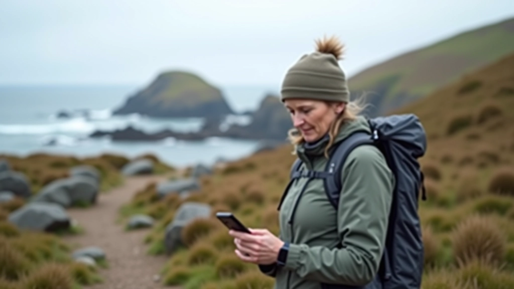 Experienced female hiker aged 60 checking tide tables on smartphone while standing on rocky coastal path overlooking Connemara shoreline
