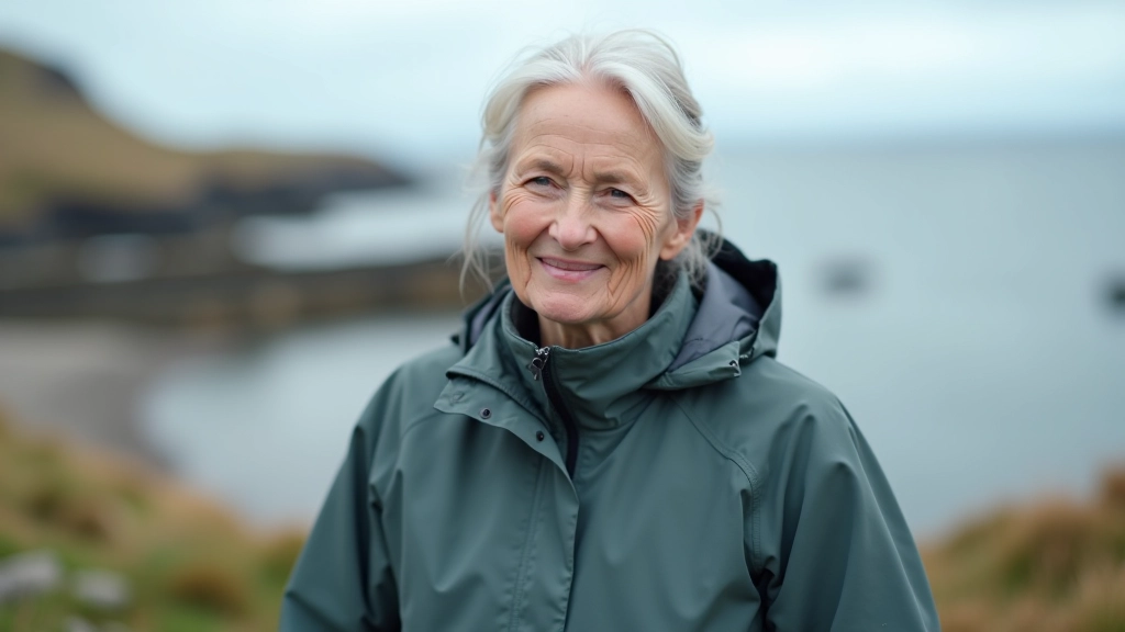 Woman aged 65 wearing layered coastal walking gear with waterproof jacket and hiking boots